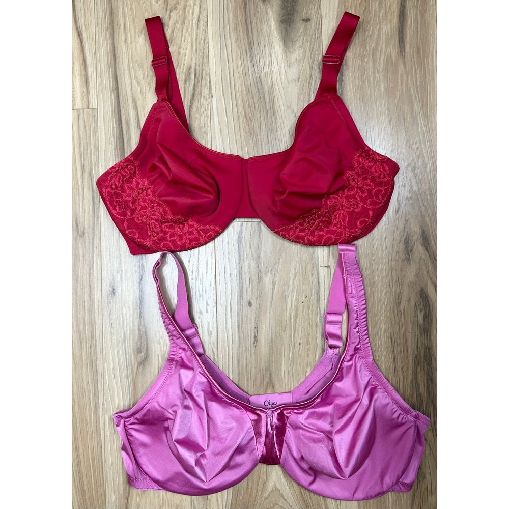 Olga Underwire Bra Lot 42D Red Lace Gentle Lift Pink Signature Support Satin (2)